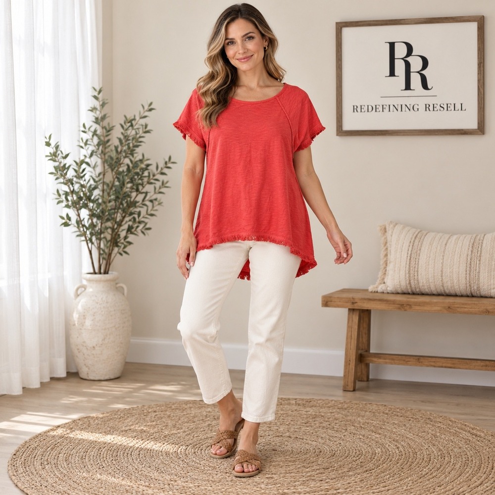 Umgee USA Womens Red Cotton Fringed High Low Slub Knit Top C2427 Small NWT
